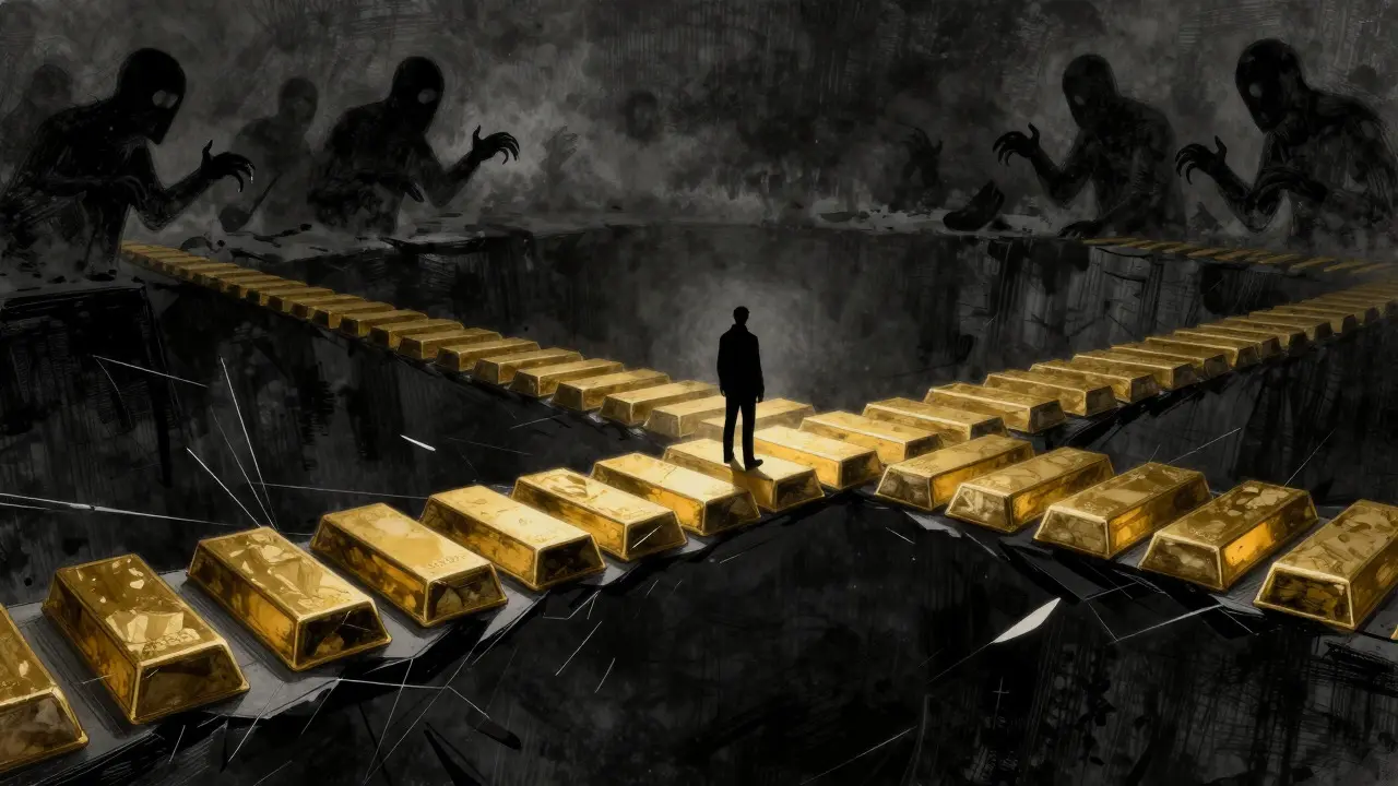 Figure on crumbling bridge over abyss representing market risk