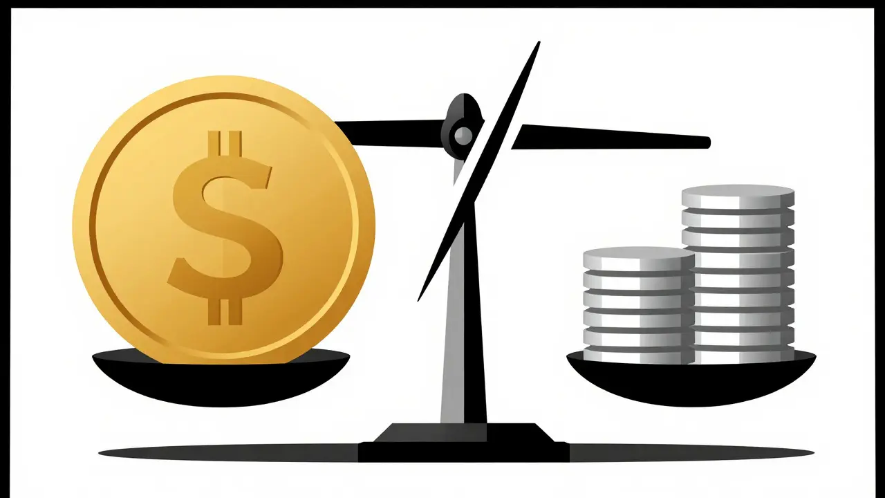 Graphic art of a balance scale weighing gold against silver coins, representing base vs quote currency
