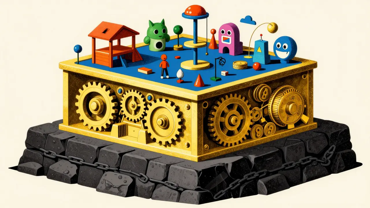 Graphic art showing blockchain layers as stone, gold, and playful structures