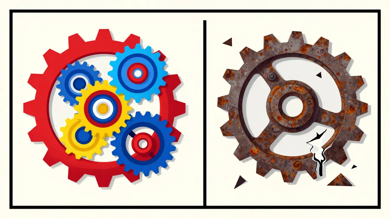 Graphic comparison of active vs inactive crypto gears in Polish poster style.