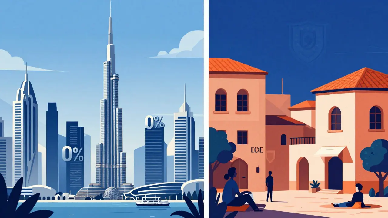 Graphic comparison of Dubai skyscrapers and Portuguese buildings for tax benefits