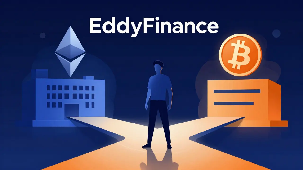 Graphic illustration of a figure crossing a clean bridge between Bitcoin and Ethereum networks.