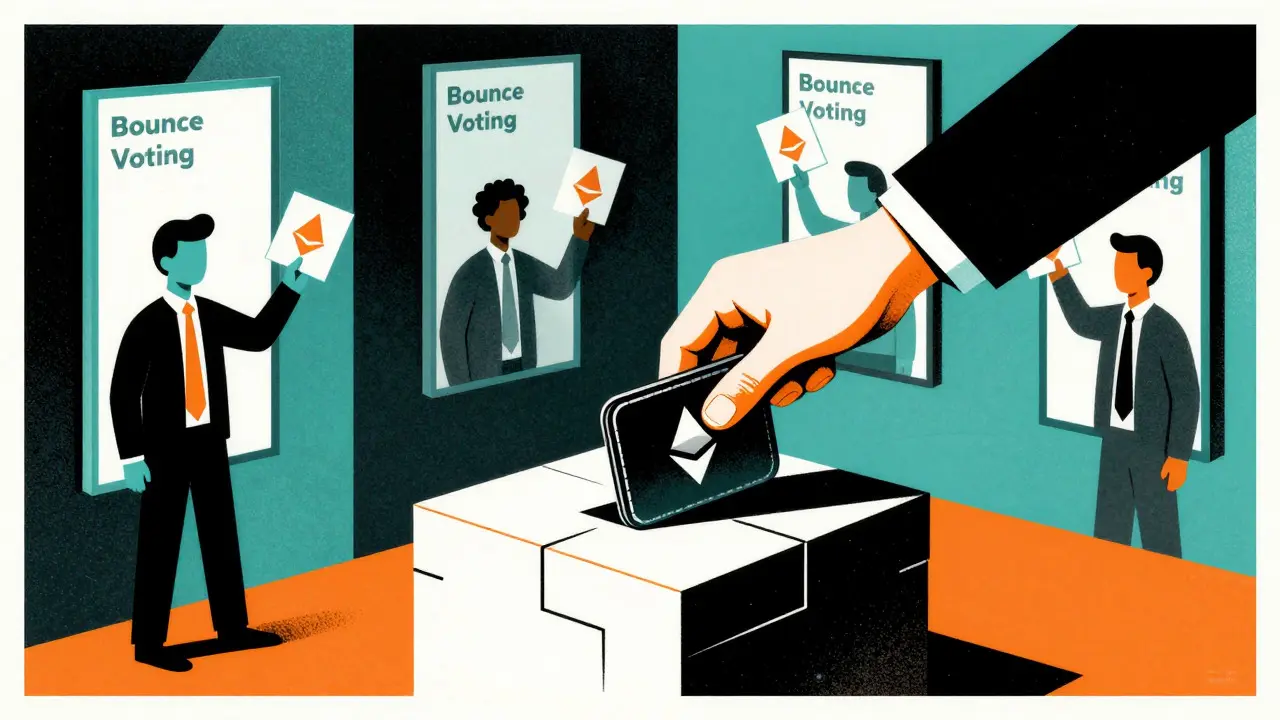 Hand connecting wallet to a surreal voting booth