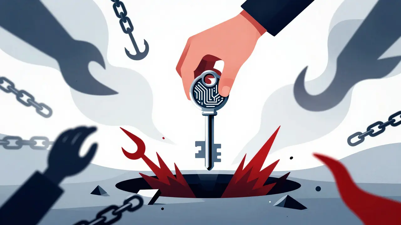 Hand holding circuit key surrounded by shadowy phishing threats