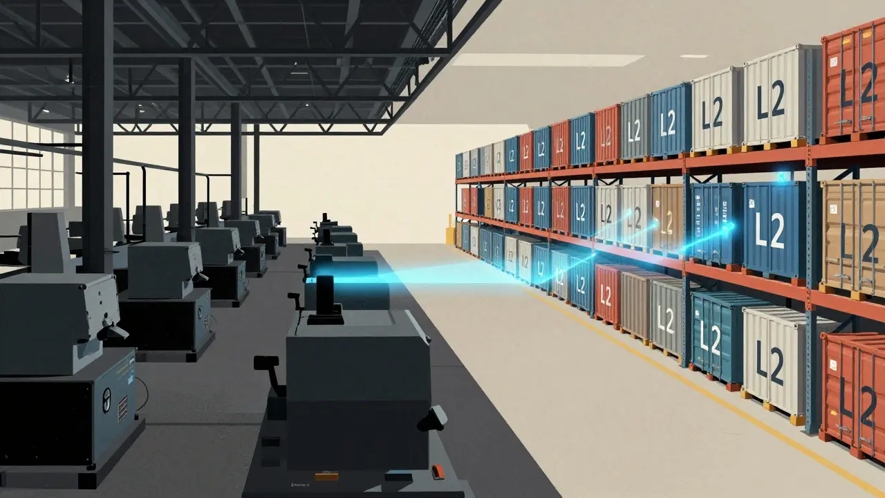 Illustration comparing empty factories to a streamlined warehouse for L2 data storage.