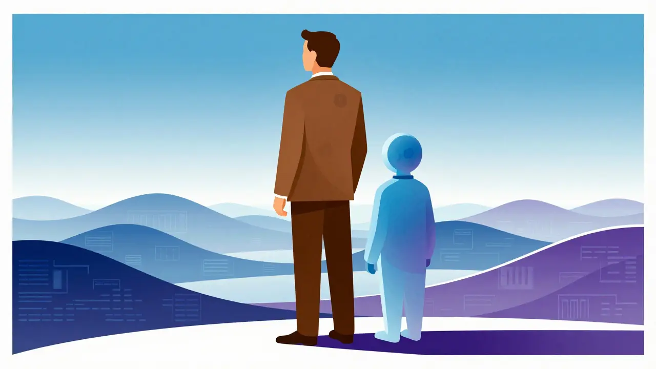 Illustration of a human trader partnering with an AI co-pilot