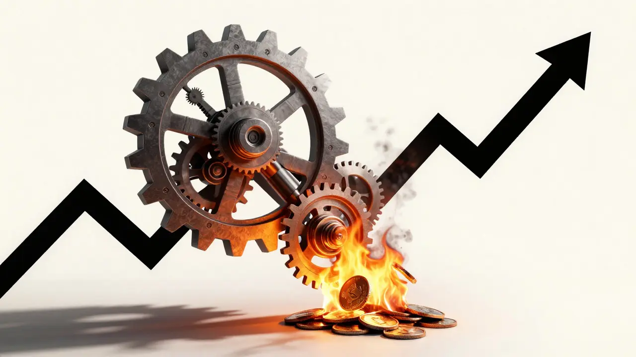 Mechanical gears and fire illustrating token burn and deflation mechanics