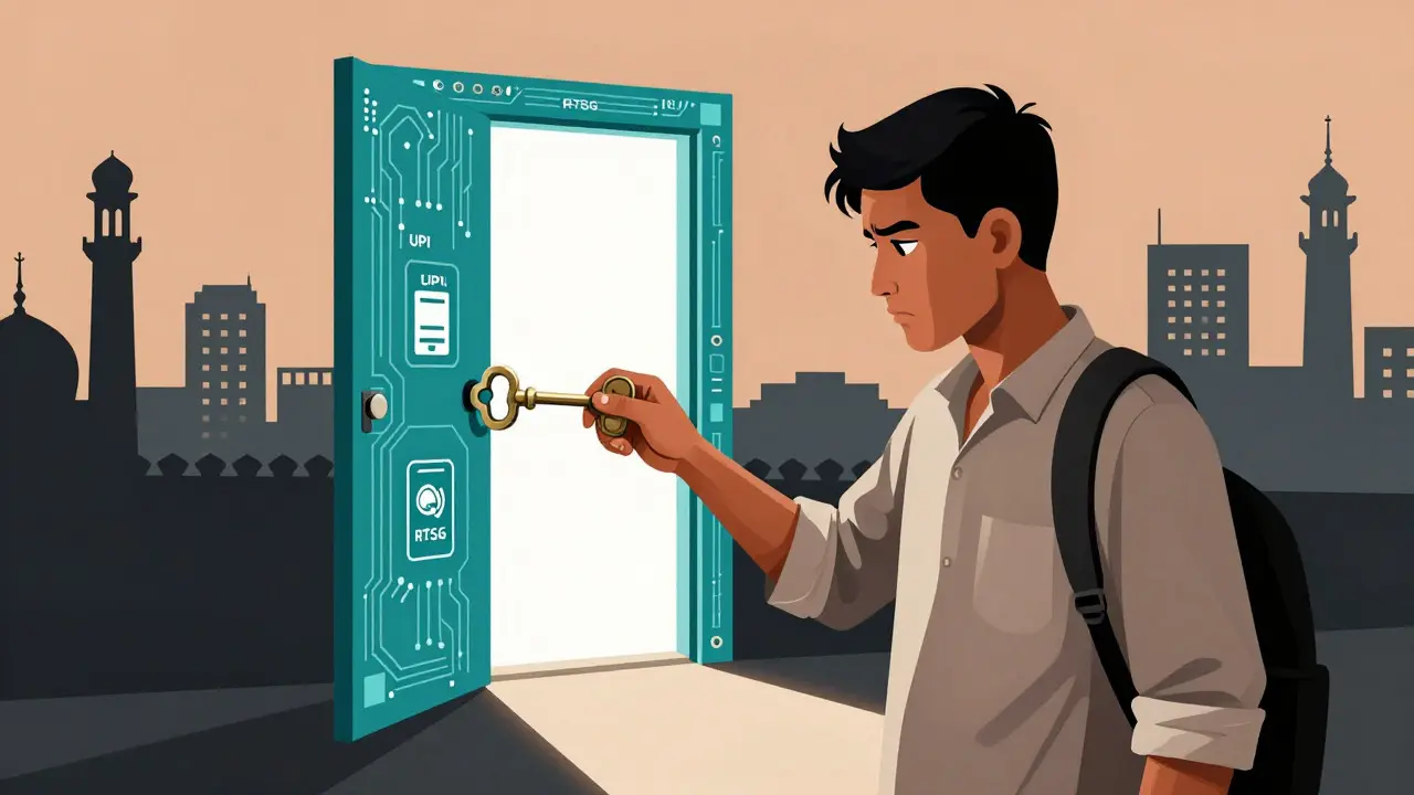 Migrant worker unlocking digital payment door with heavy key