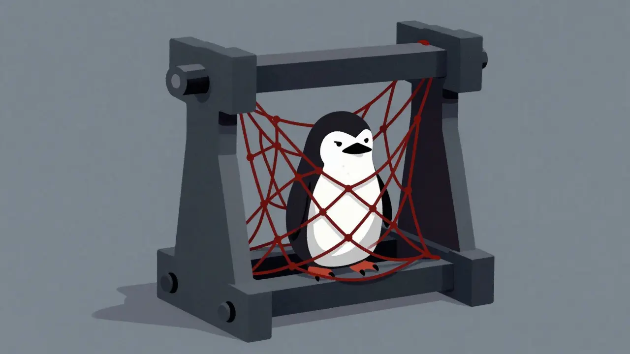 Penguin trapped in abstract mechanical vice representing liquidity