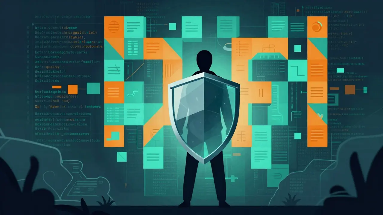 Shadowed figure with shield facing a wall of geometric code blocks