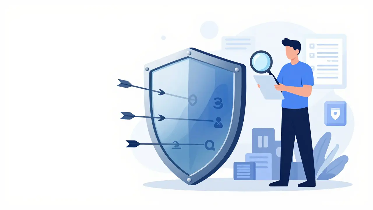 Shield protecting user from fraud arrows, symbolizing crypto security checks