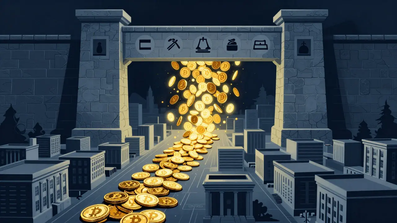 Stone wall blocking crypto coins from entering formal banking city