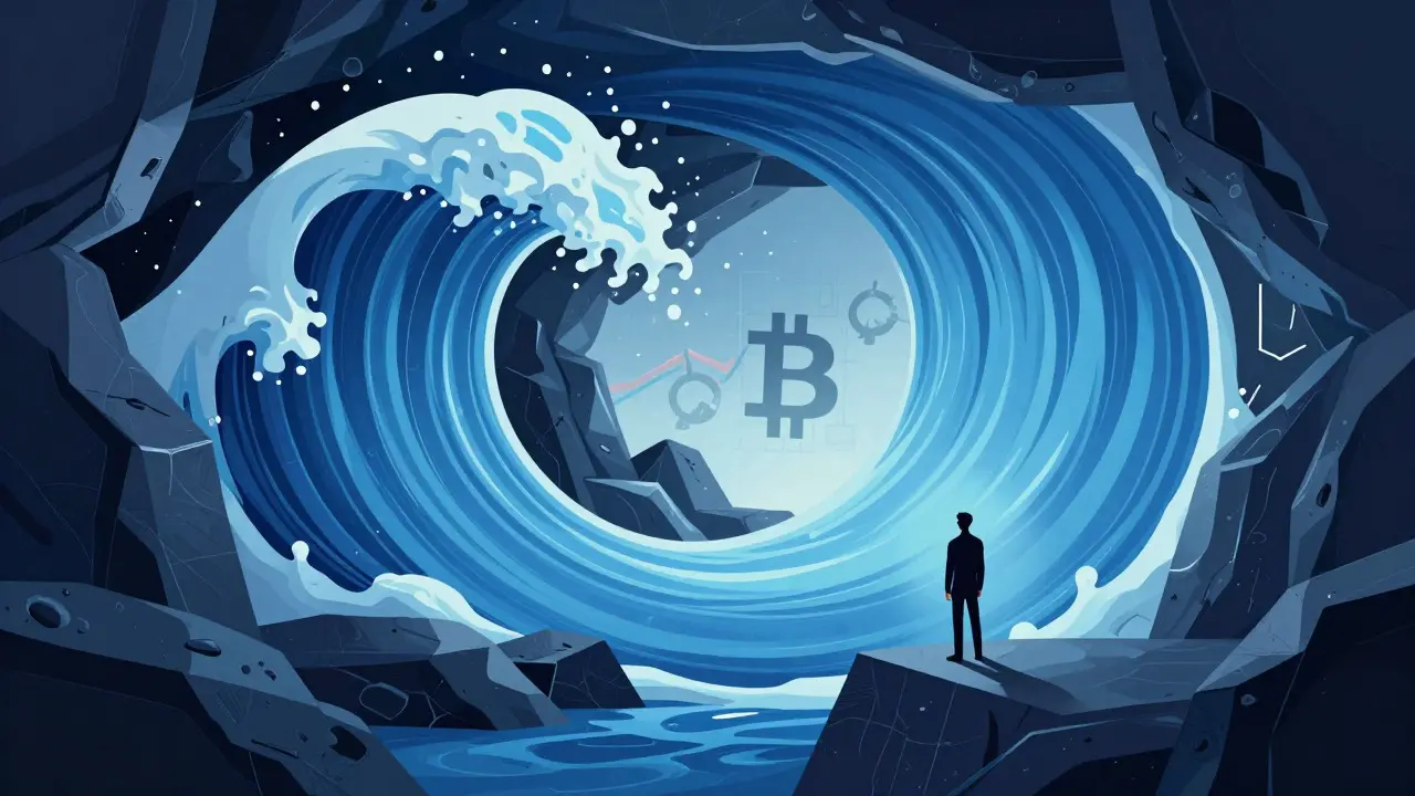 Stylized blue wave flowing through a tunnel, symbolizing high liquidity in crypto markets
