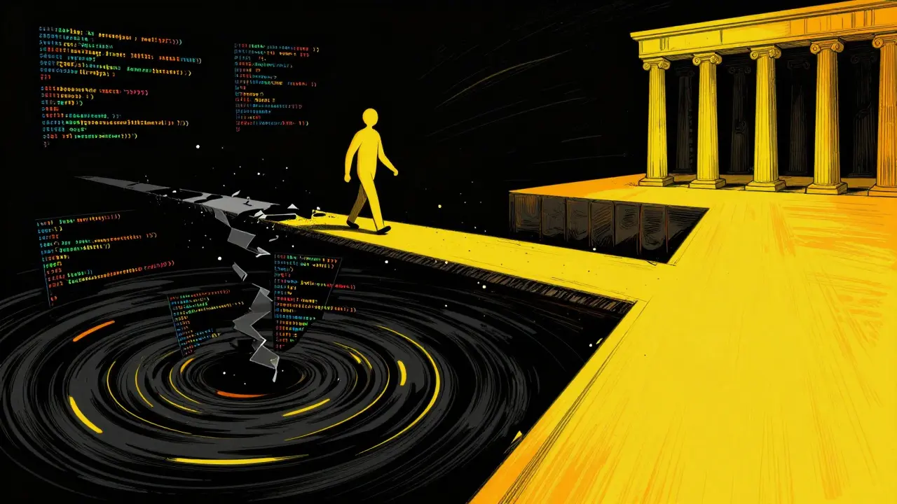 Stylized figure crossing a risky bridge towards a safe financial harbor.