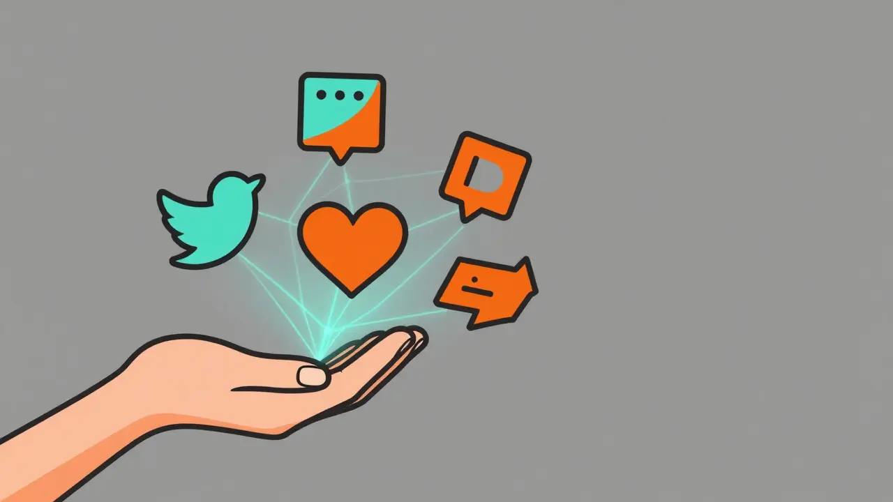 Stylized hand grabbing social media icons for airdrop tasks