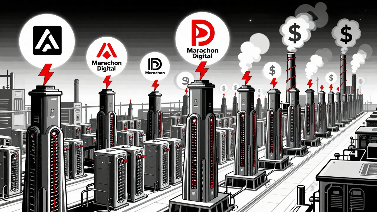 Stylized illustration of industrial mining farms with corporate symbols, showing institutional growth.