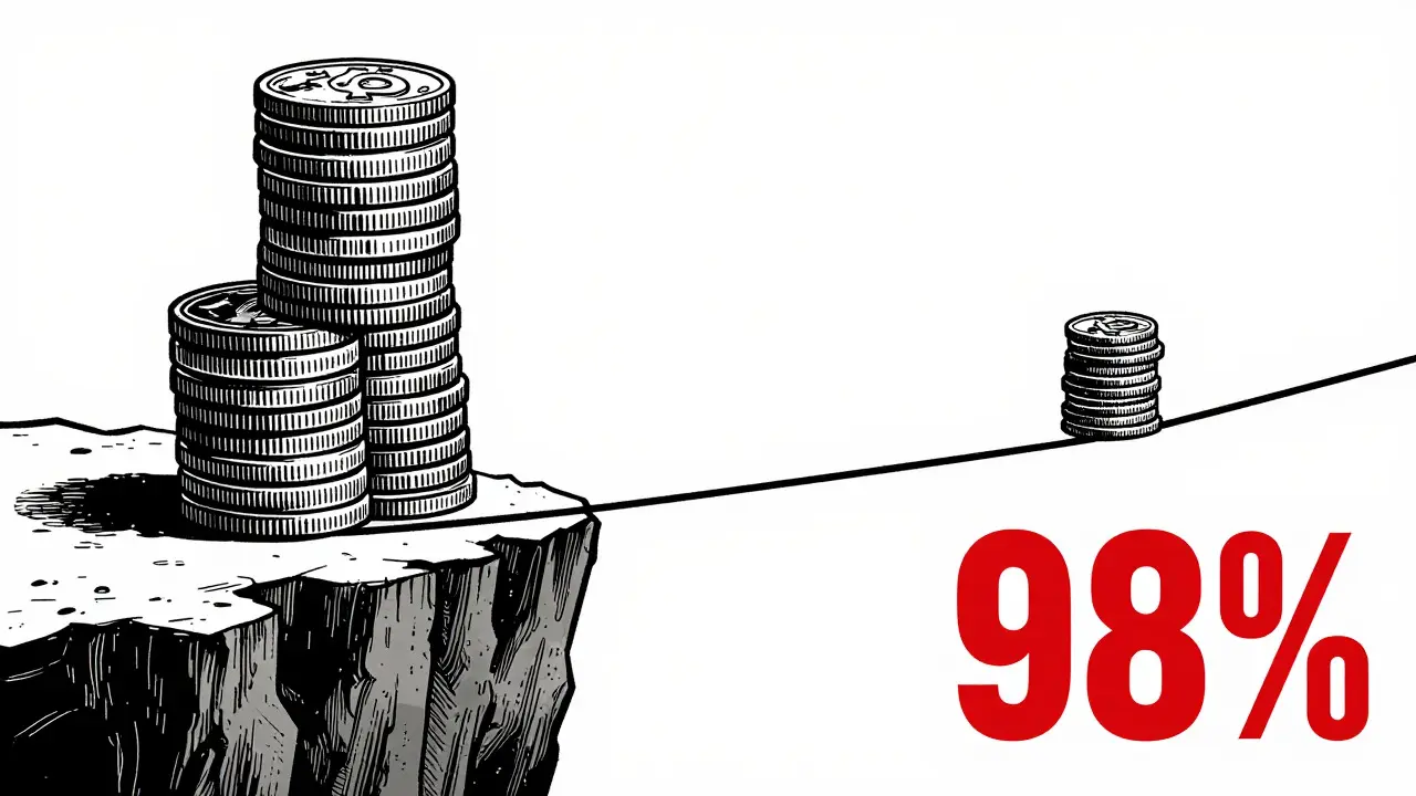 Tightrope walker balancing huge token supply over a steep price drop cliff
