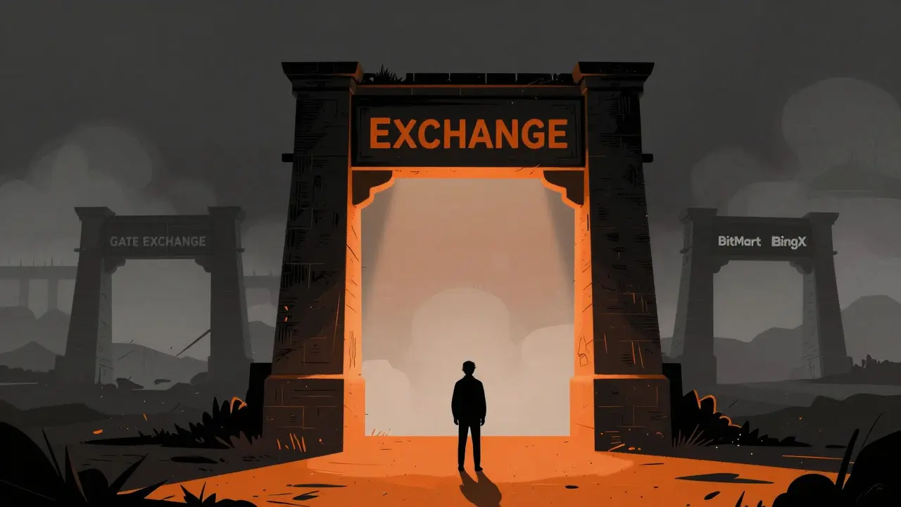 Trader at single glowing exchange gate, surrounded by dark, broken gates