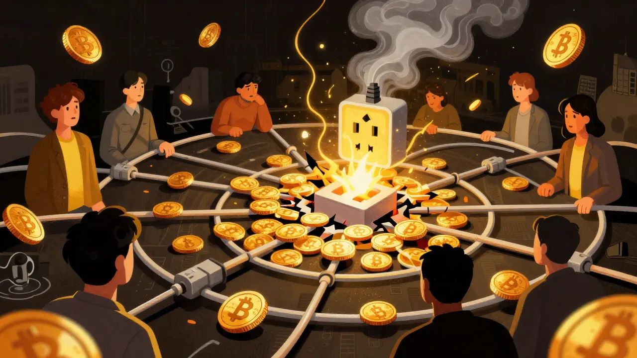 Trapped crypto coins and broken power grid metaphor