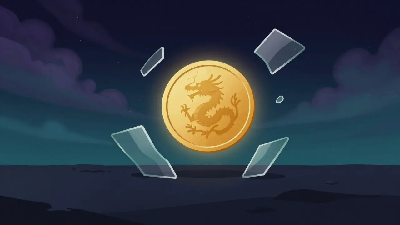 A single glowing coin floating above a dark landscape with fragmented glass shards in a stylized illustration