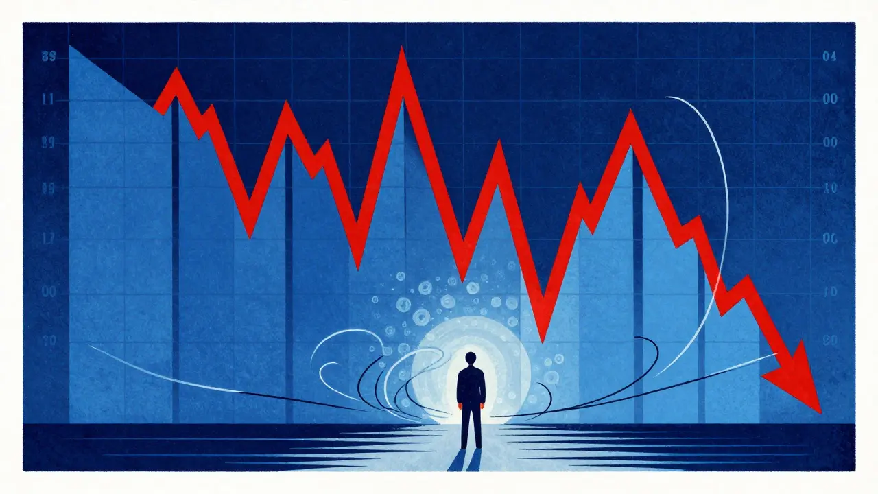A small figure standing before a wall of jagged red and blue geometric bars representing market volatility