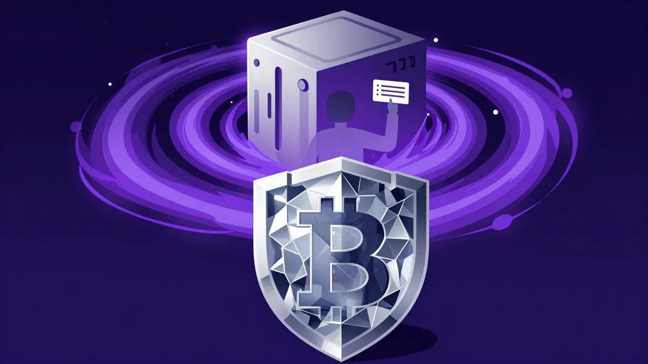 Abstract art depicting a crystal shield protecting against a looming quantum threat