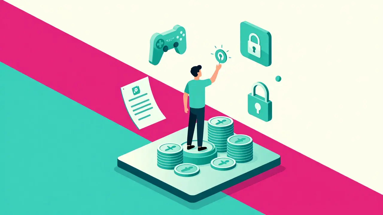 Abstract character interacting with floating icons of gaming and staking utilities