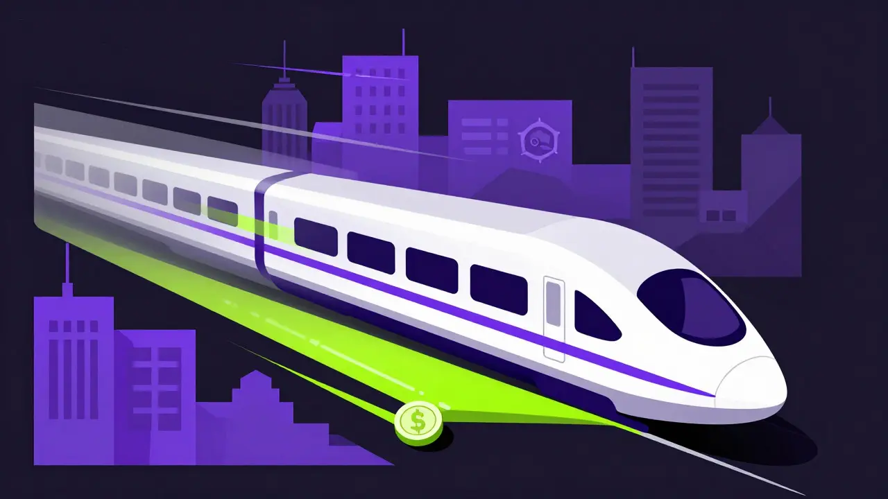 Abstract fast-moving train representing quick blockchain transactions