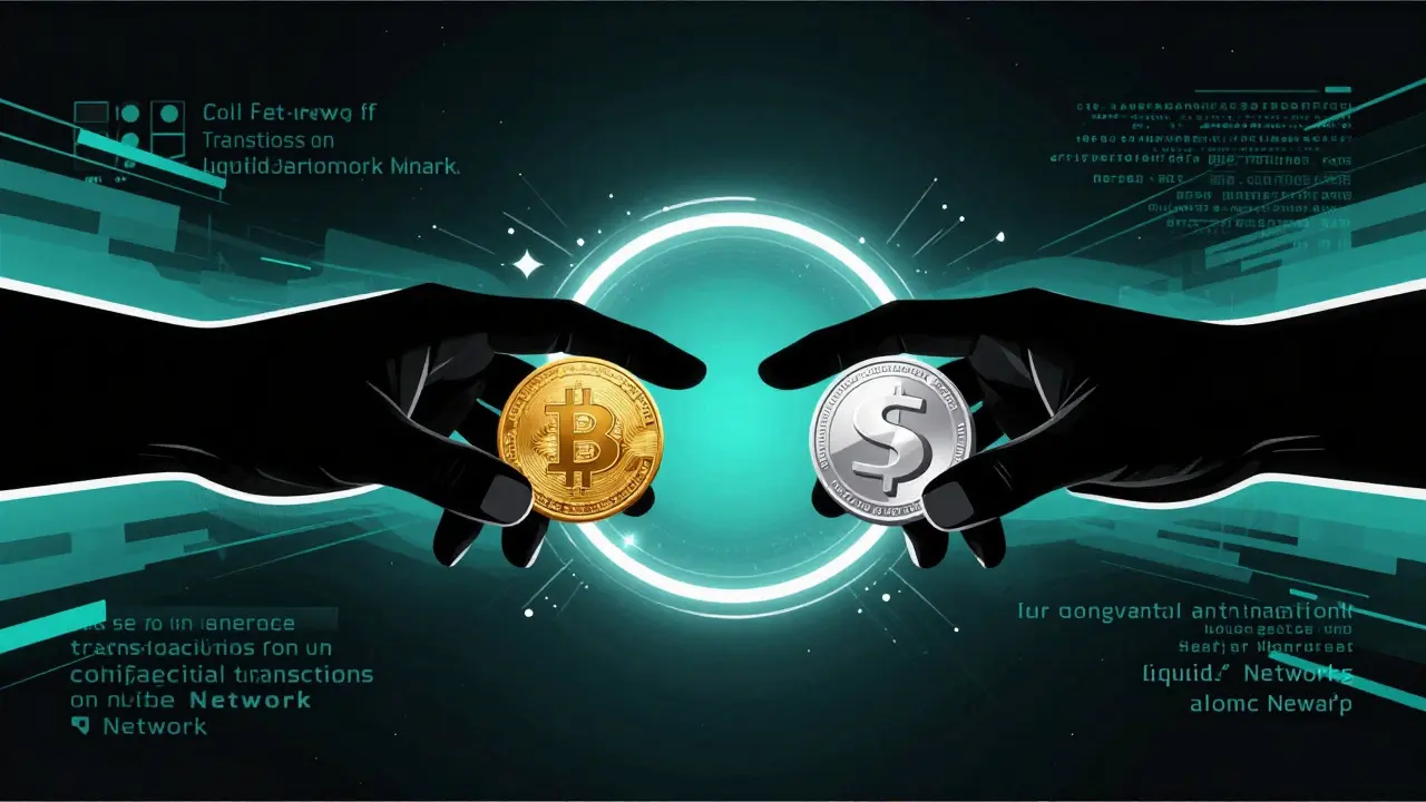 Abstract hands exchanging coins via glowing atomic swap connection