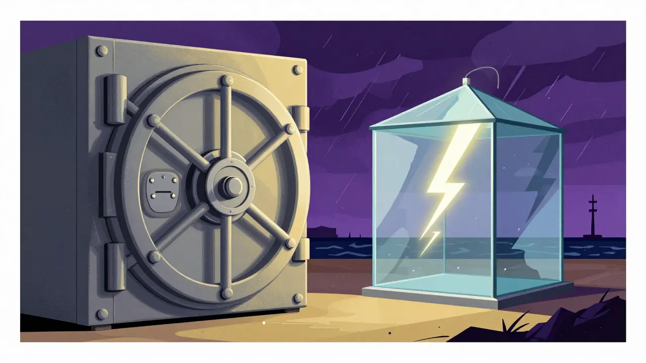 Artistic depiction of a secure vault contrasted with a fragile structure in a storm