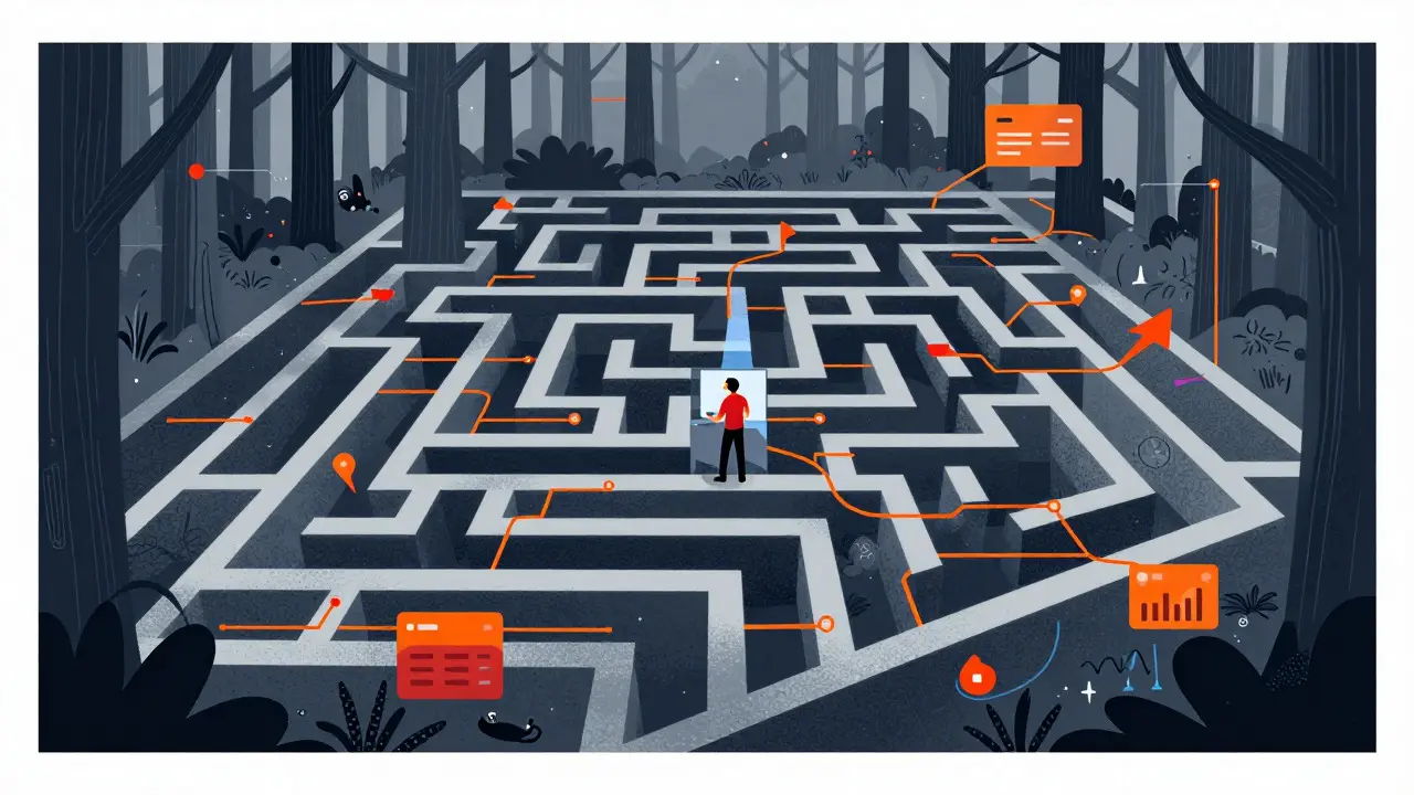 Cartoon of a trader navigating a complex maze of financial data streams