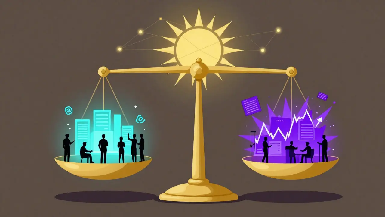 Conceptual art showing a balance scale weighing community support against market volatility risks.