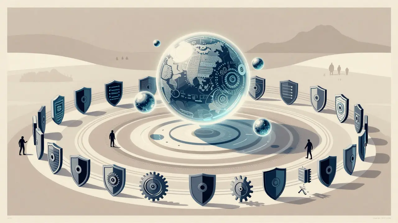 Conceptual art showing layered security defenses protecting digital crypto tokens