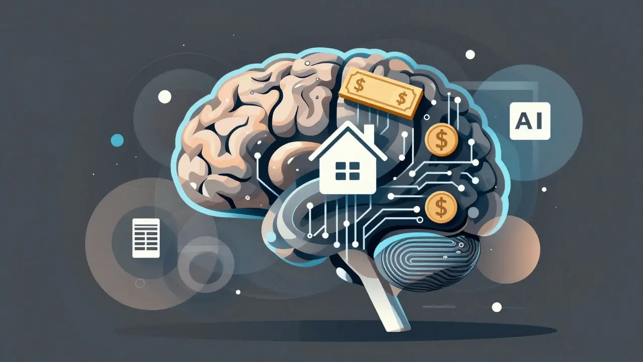 Digital brain merging with financial assets in abstract art