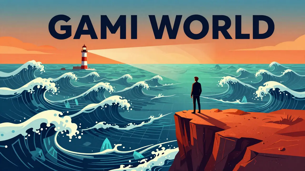 Figure on a cliff overlooking turbulent digital waves with a distant lighthouse