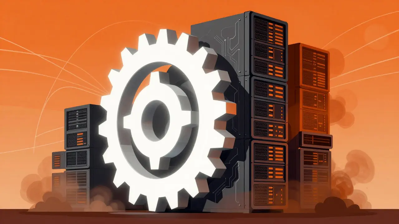 Graphic art depicting large gears and servers, contrasting energy-intensive and efficient blockchain consensus methods.