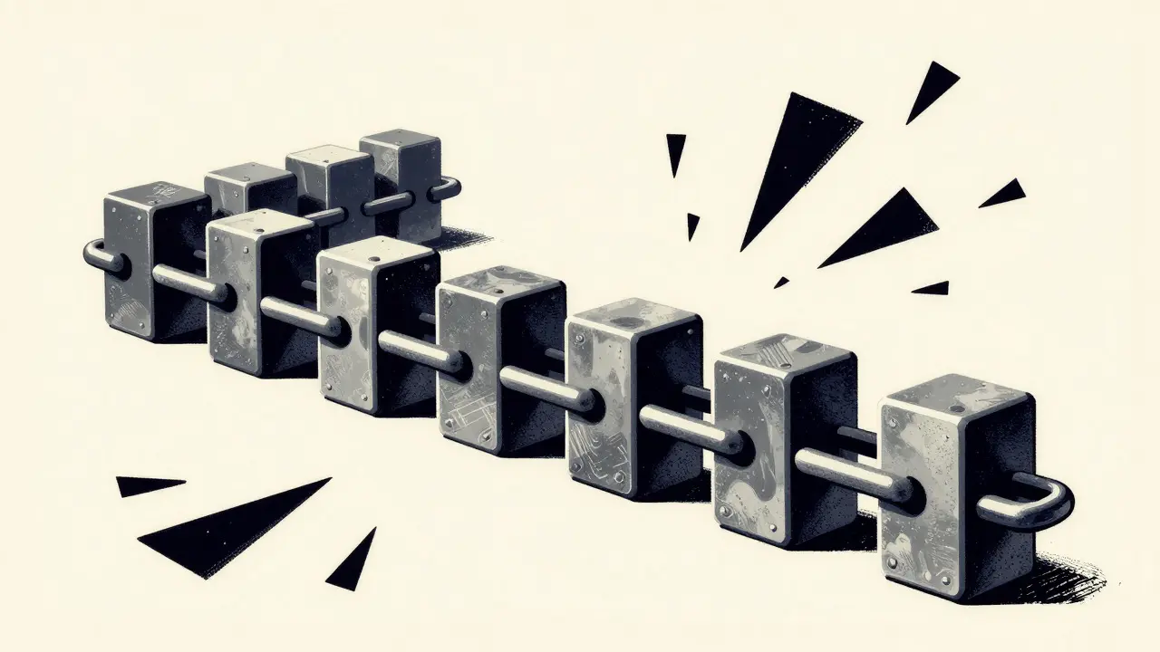 Graphic art of a blockchain wall protecting against chaotic digital data fragments.