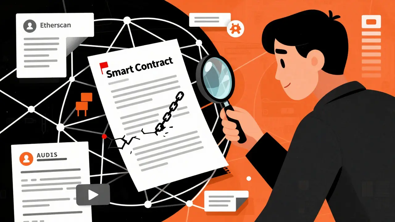 Graphic art of a detective examining a suspicious blockchain contract.