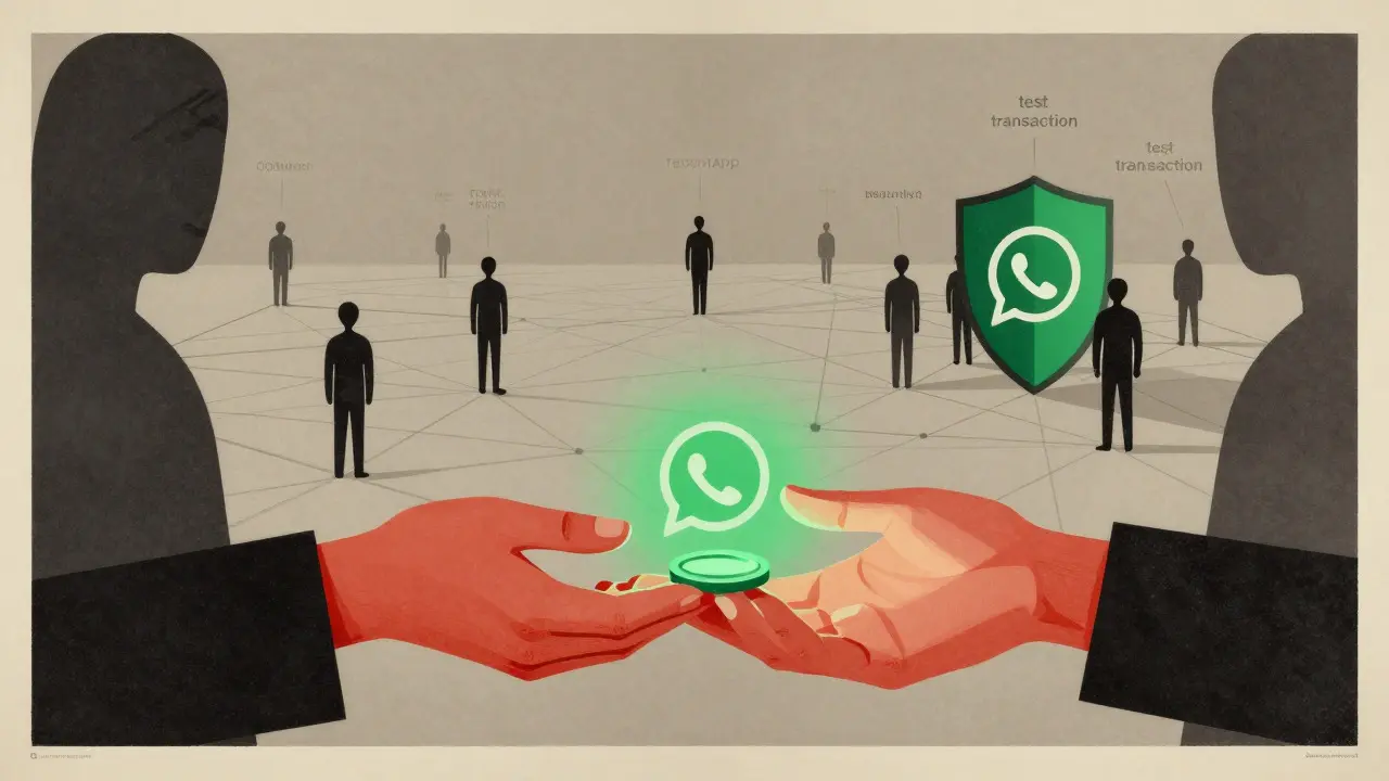 Graphic art showing community trust networks and verification processes in crypto trading