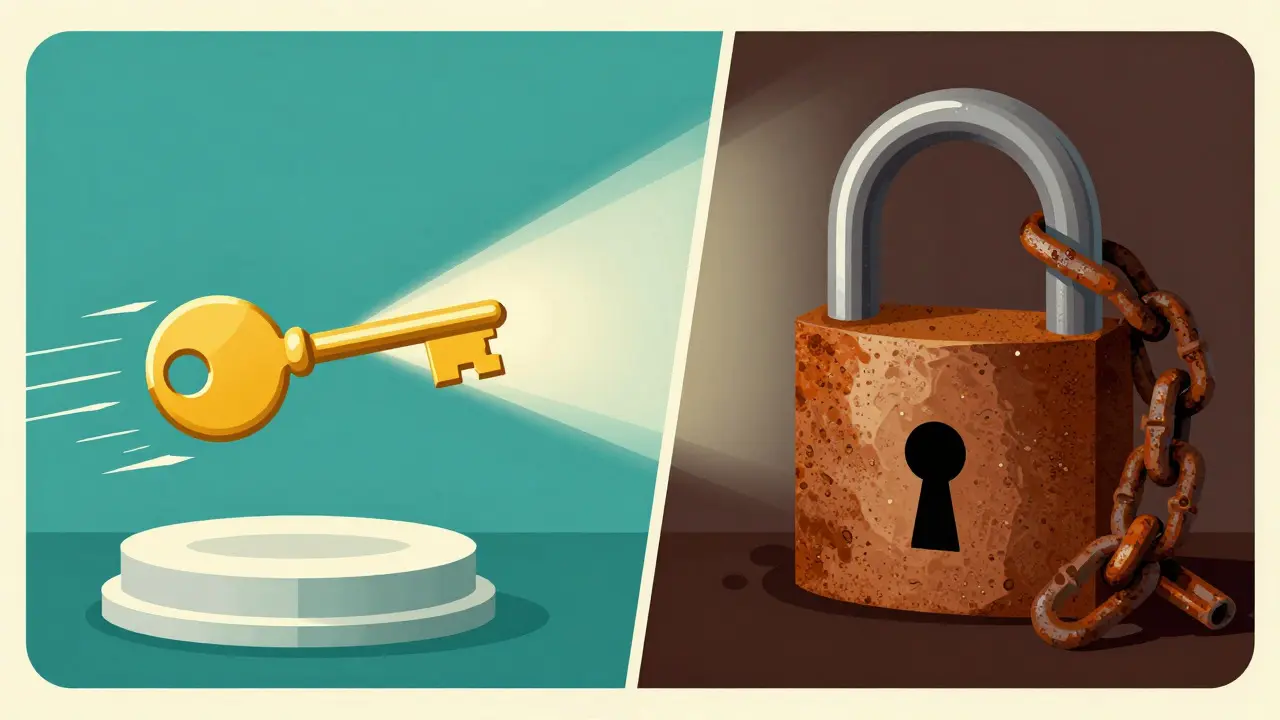 Graphic comparison of a small efficient key versus a bulky legacy security chain