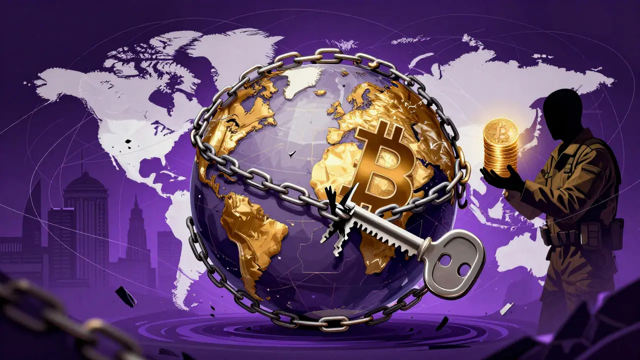 Graphic depiction of cutting global financial chains with crypto