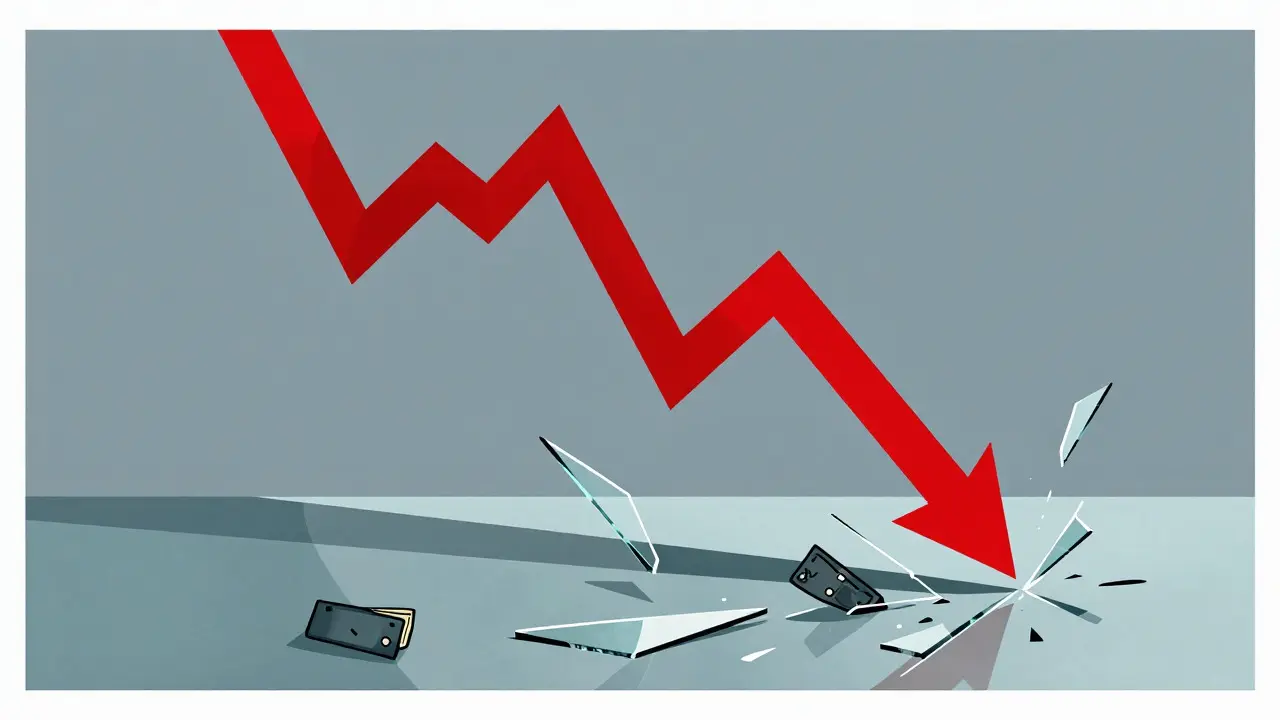 Graphic illustration of a red price chart crashing through glass