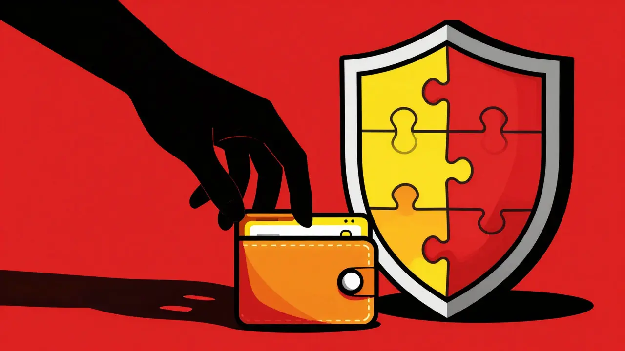 Graphic illustration of a shield blocking a shadowy hand from a crypto wallet