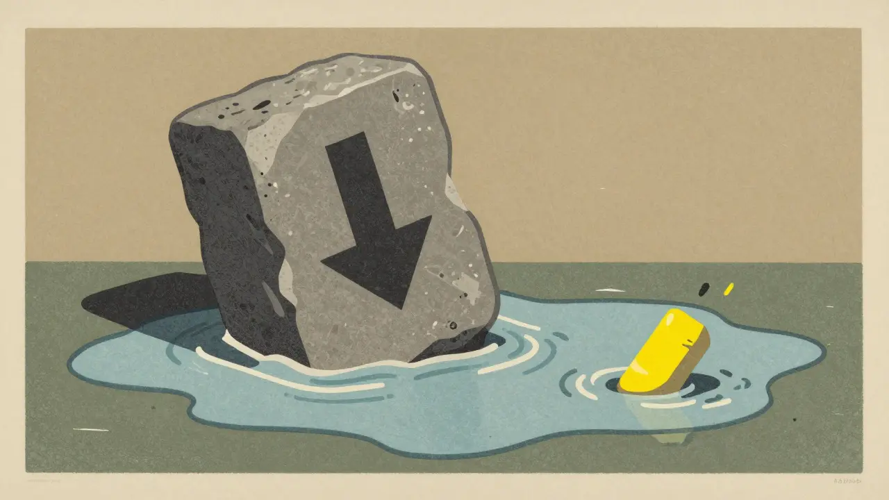 Heavy stone sinking in water, illustrating market illiquidity and depreciation