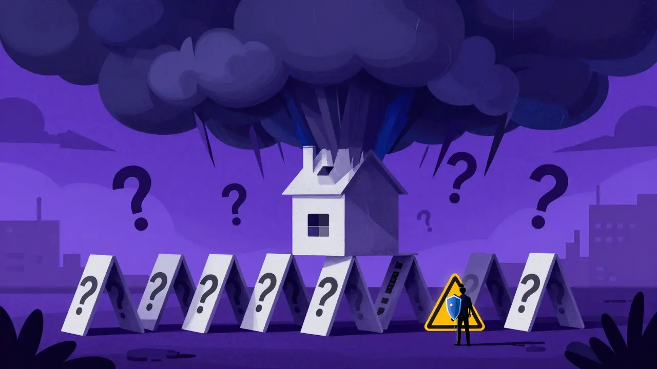 House of cards on warning signs under storm cloud, cartoon style