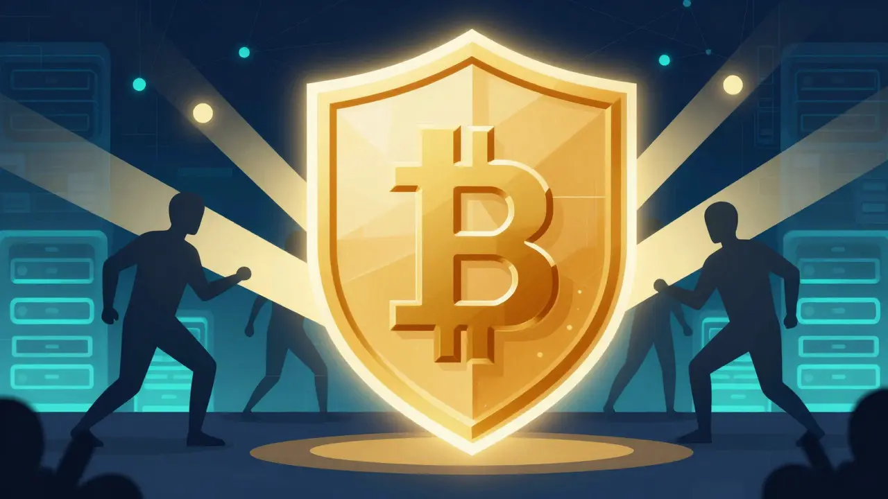 House protected by glowing blockchain shield against hackers