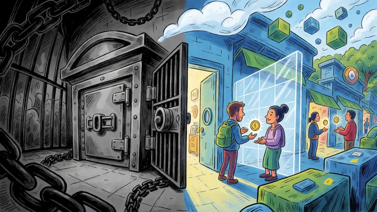 Illustration contrasting locked banks with open regulated markets