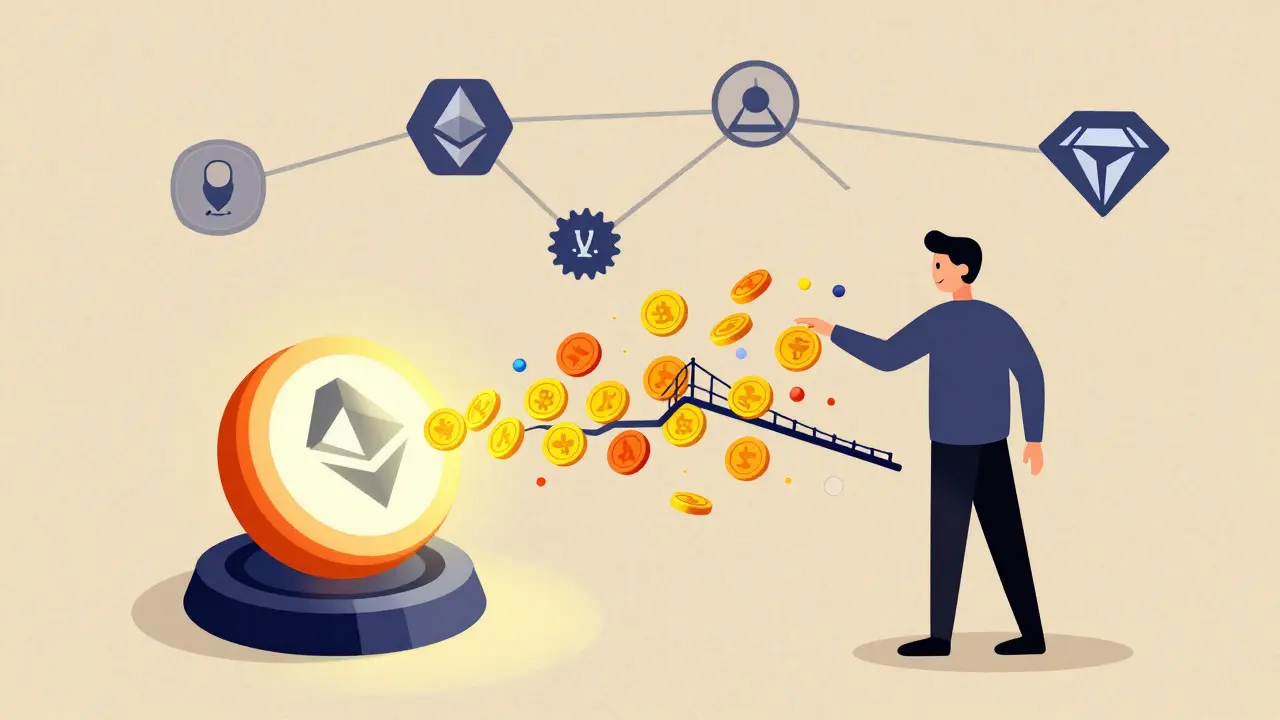 Illustration of a person creating crypto tokens via a simple button press, connecting to blockchains.