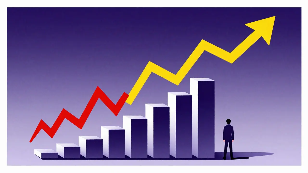 Illustration of a steady investment path rising amidst volatile market lines