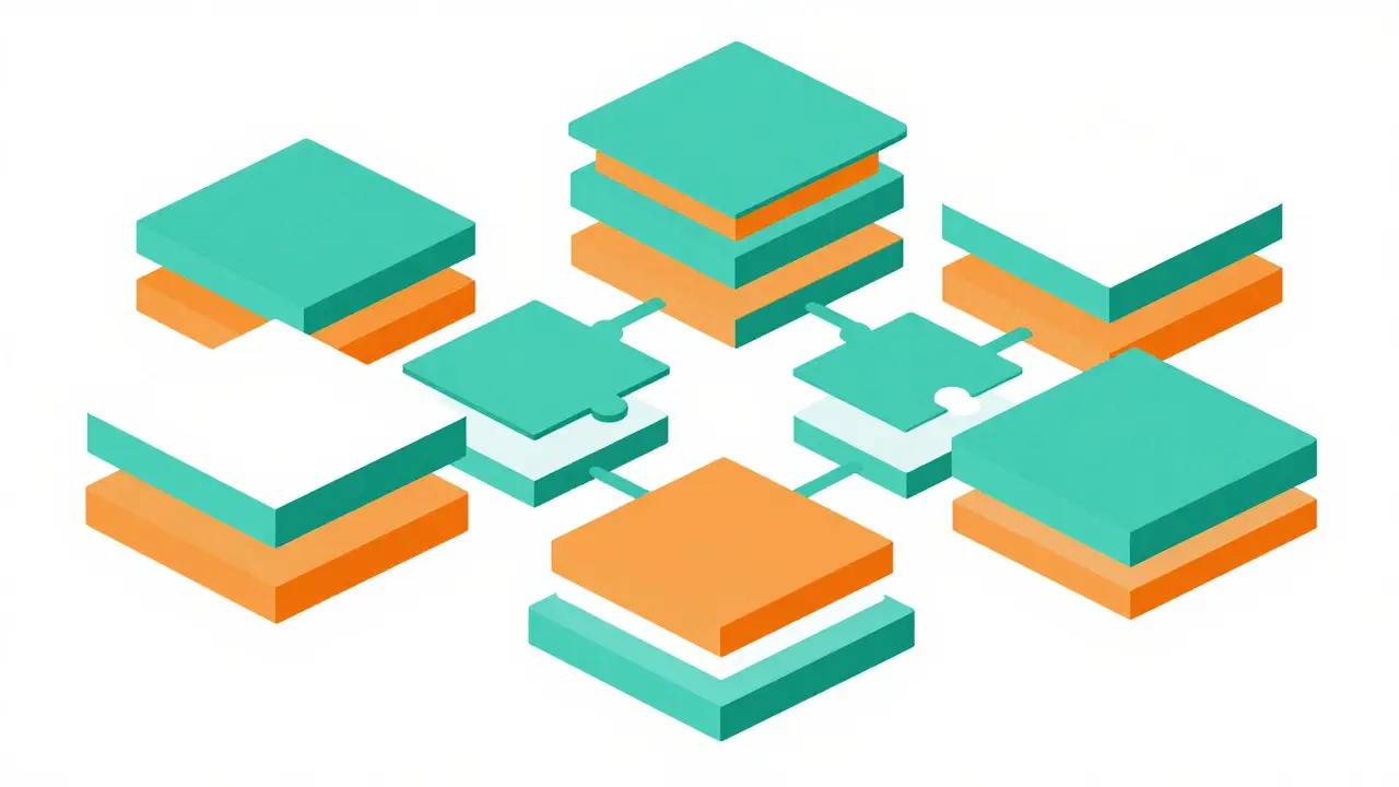 Interlocking geometric modules representing blockchain layers
